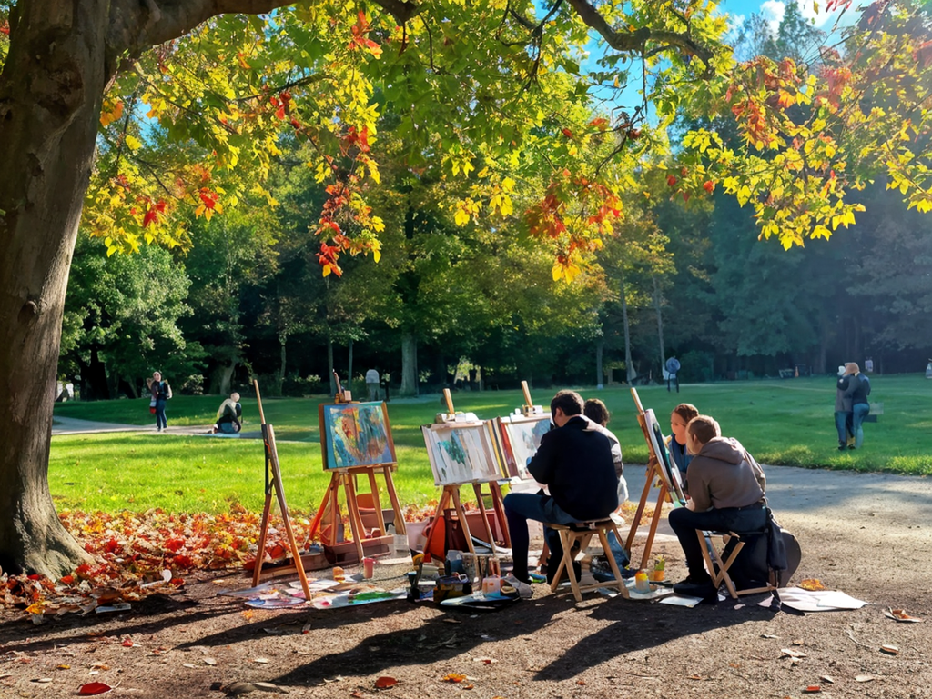 a-group-of-artists-captured-in-a-realistic-photo-as-they-paint-on-easels-in-the-midst-of-a-verdant-p a-group-of-artists-captured-in-a-realistic-photo-as-they-paint-on-easels-in-the-midst-of-a-verdant-p