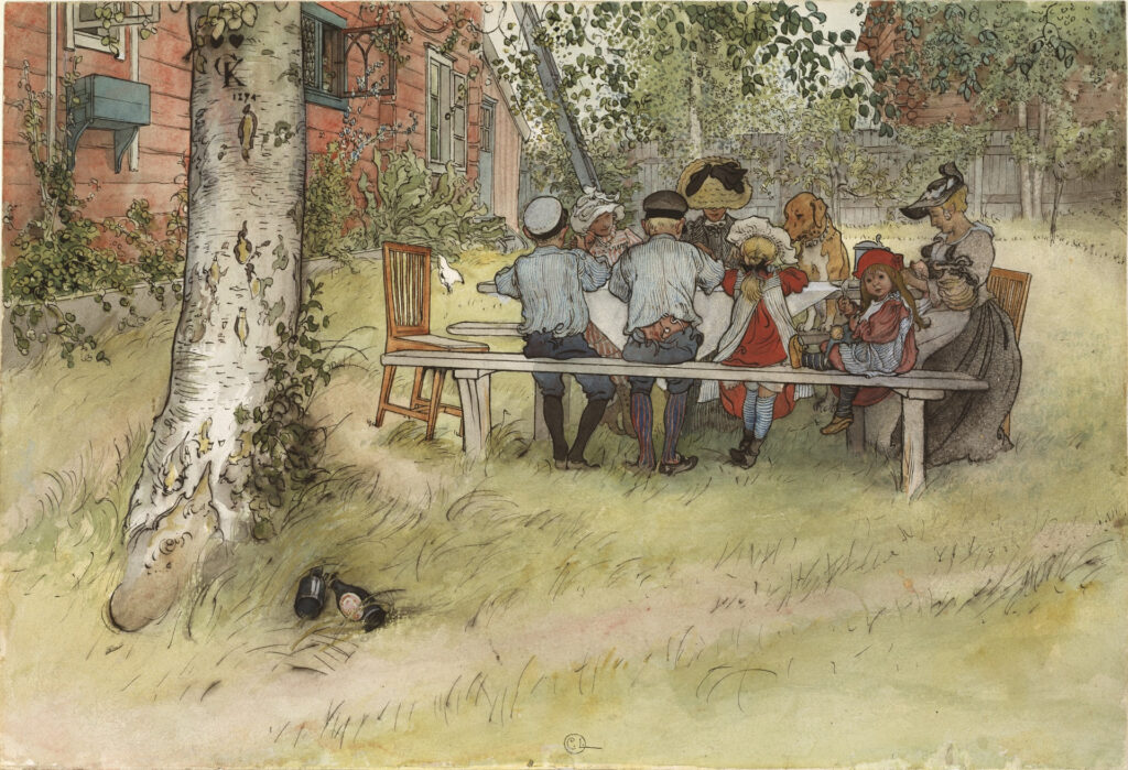 Carl Larsson, Śniadanie pod brzozą, akwarela z 1896.