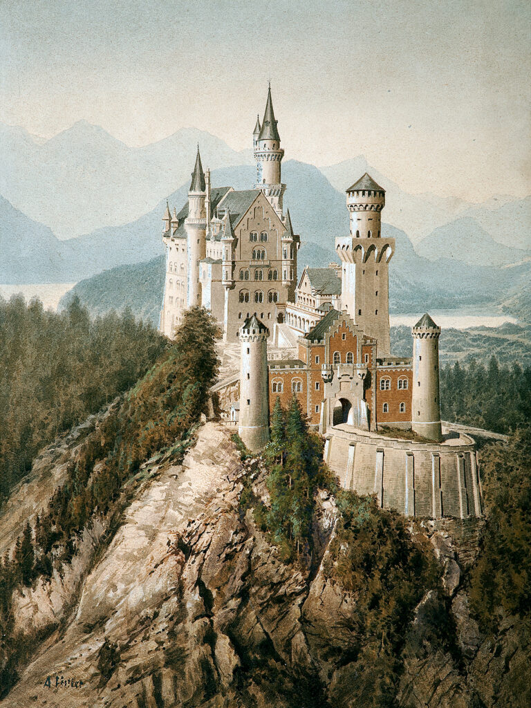 Zamek Neuschwanstein w Górnej Bawarii. Największy zachowany obraz akwarelowy Hitlera.